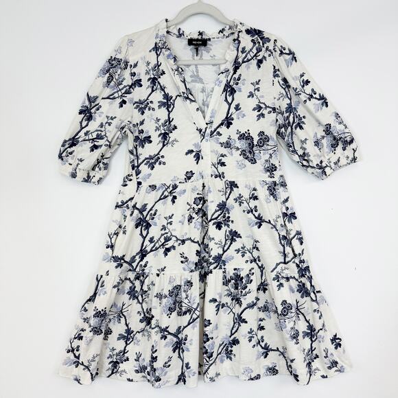 Me + Em Women's 10 Cream Modern Botanical Print Tiered Short Dress Blue Floral - Picture 2 of 15